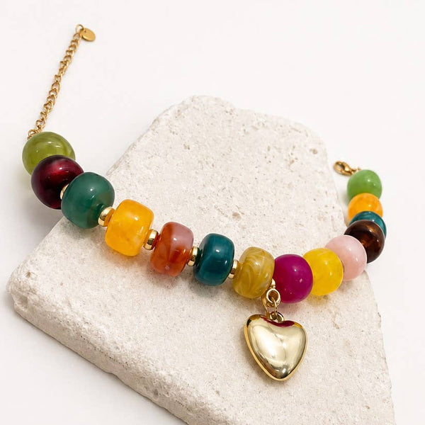 Colorful Resin Beaded Heart Charm Bracelet: GOLD
