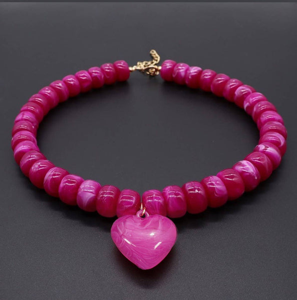 Heart Pendant Resin Beaded Necklaces: TURQ