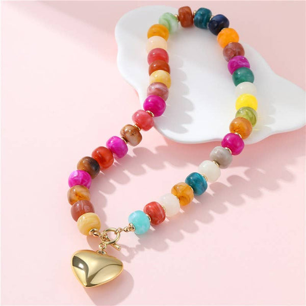 MULTI BEADED HEART CHARM TOGGLE NECKLACE |Multi