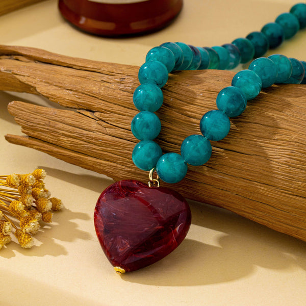 Marbled Bead Heart Pendant Statement Necklace: TORT
