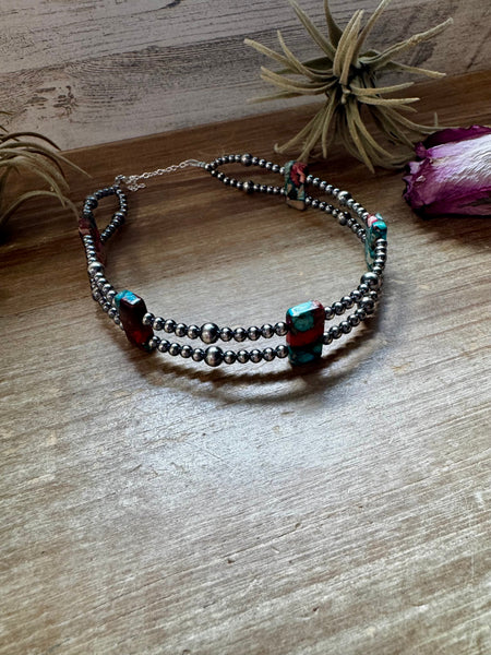 Pink/turquoise Double Strand Necklace – 13” Beaded – Sterling Silver Pearls & Rectangle Variscite