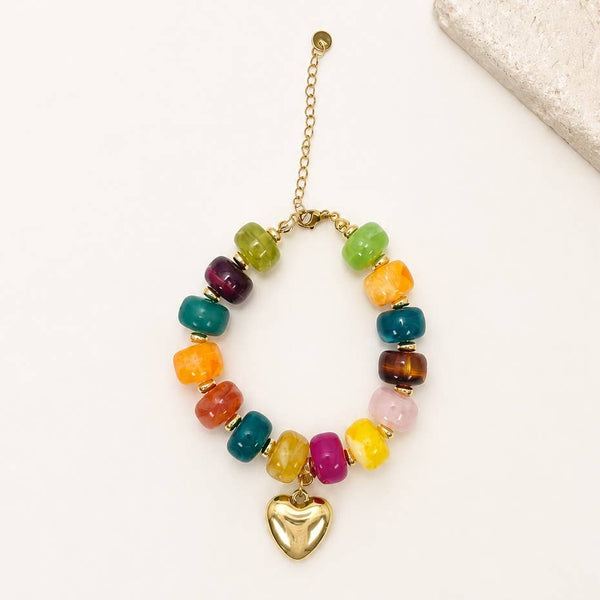 Colorful Resin Beaded Heart Charm Bracelet: GOLD