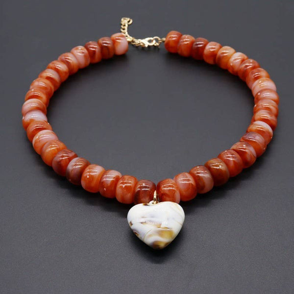 Heart Pendant Resin Beaded Necklace: FUCHSIA