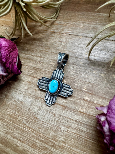 Zia Symbol Pendant with Golden Hill Turquoise – Sterling Silver – Native Made by KB