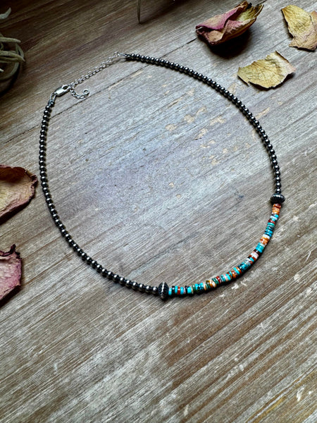 Sterling Silver Pearl Choker with Extra Turquoise & Spiny Oyster