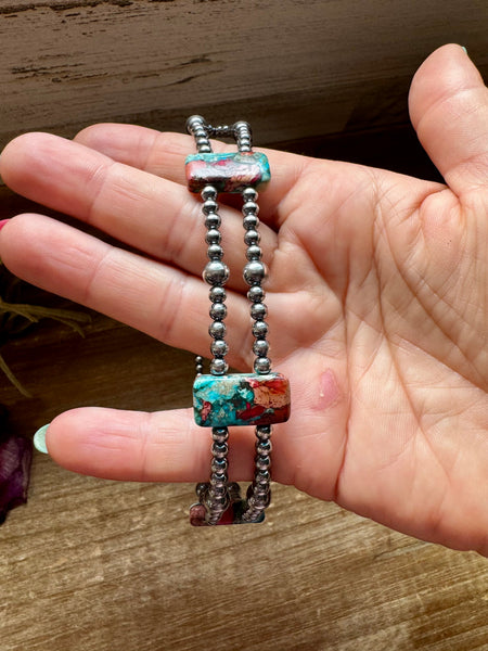 Pink/turquoise Double Strand Necklace – 13” Beaded – Sterling Silver Pearls & Rectangle Variscite