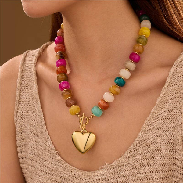 MULTI BEADED HEART CHARM TOGGLE NECKLACE |Multi