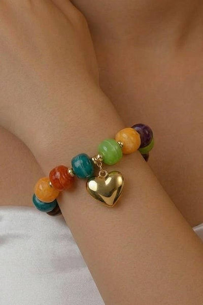 Colorful Resin Beaded Heart Charm Bracelet: GOLD