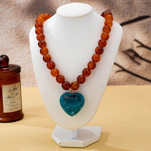 Marbled Bead Heart Pendant Statement Necklace: TORT