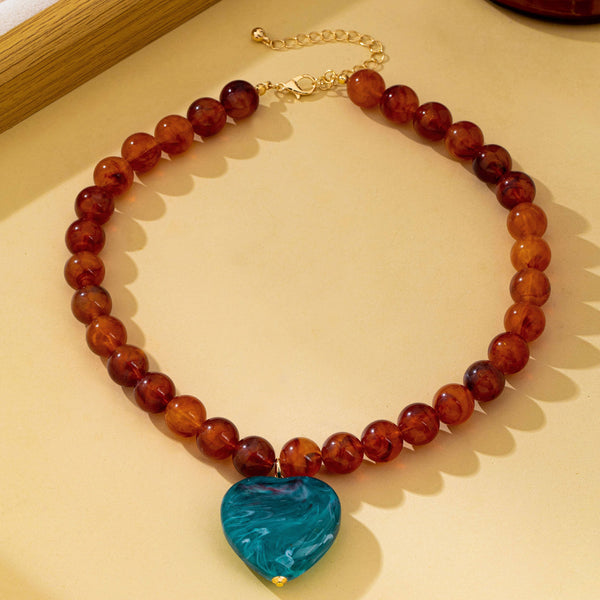 Marbled Bead Heart Pendant Statement Necklace: TEAL