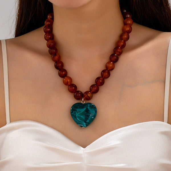 Marbled Bead Heart Pendant Statement Necklace: TEAL