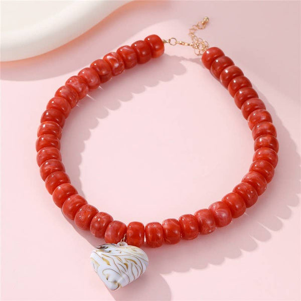 Heart Pendant Resin Beaded Necklace: FUCHSIA