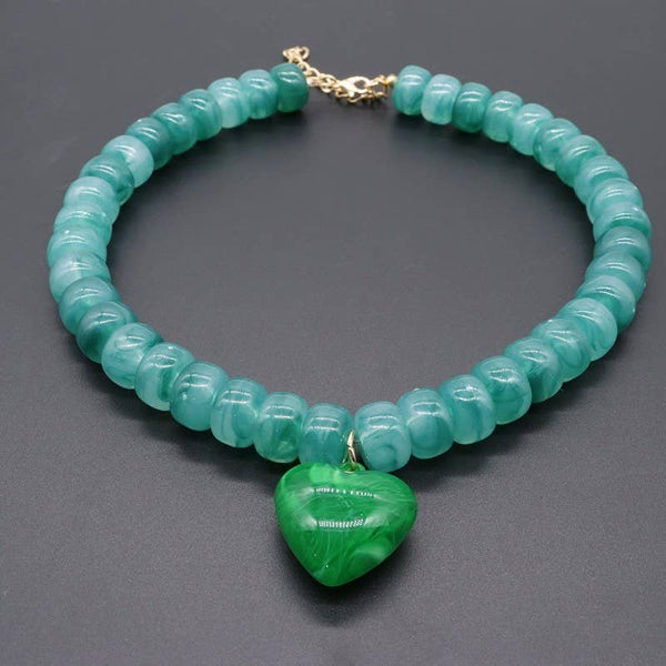 Heart Pendant Resin Beaded Necklace: FUCHSIA