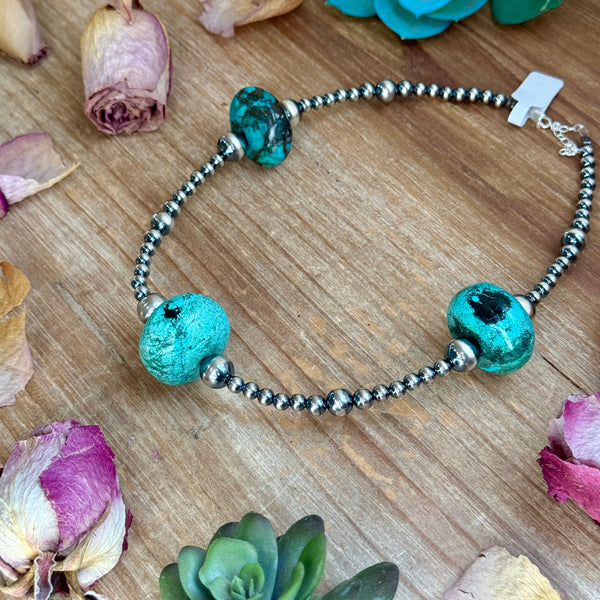 16” Turquoise Rondelle Necklace – Sterling Silver Pearls
