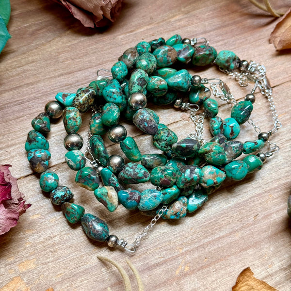 Turquoise Nugget Bracelet with Sterling Silver Pearls – 7” + Extender