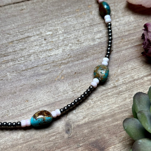15” Pink Conch & Turquoise Necklace – Sterling Silver