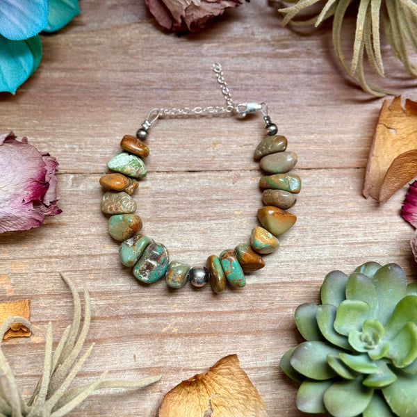 Green Turquoise Nugget Bracelet with Sterling Silver Pearls – 7” + Extender