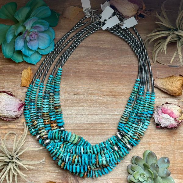 Tri-Color Turquoise Graduated Necklace with Hematite & Sterling Silver Accents – 23”