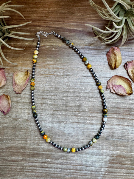 18-Inch Sterling Silver Pearl & Bumblebee Jasper Necklace