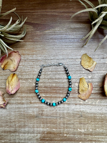 5mm Sterling Silver Pearl & Faceted Turquoise Bracelet