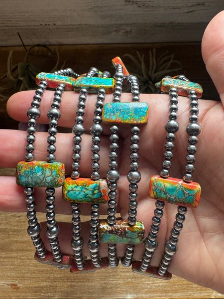 Orange/Turquoise Double Strand Necklace – 13” Beaded – Sterling Silver Pearls & Rectangle Variscite