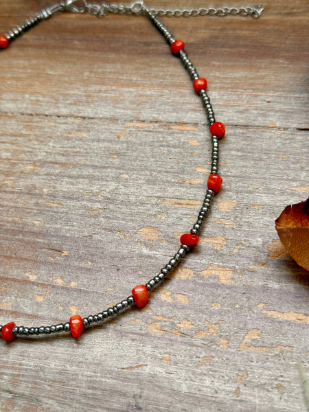 Antique Silver Seed Bead & Dyed Red Coral Choker – 14”