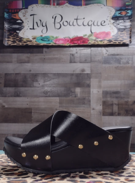 Leather Cross Strap Wedge - Black