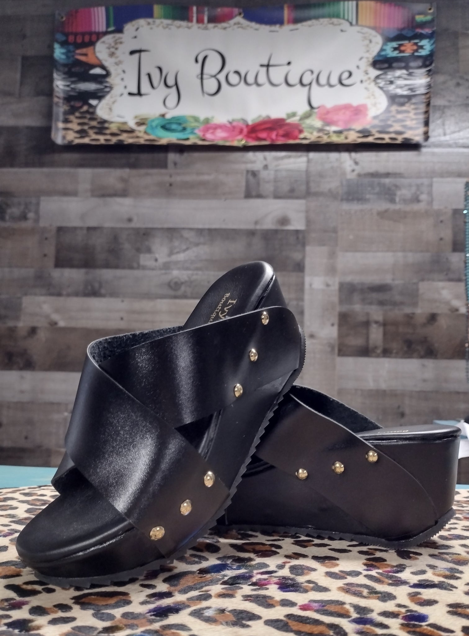 Leather Cross Strap Wedge - Black