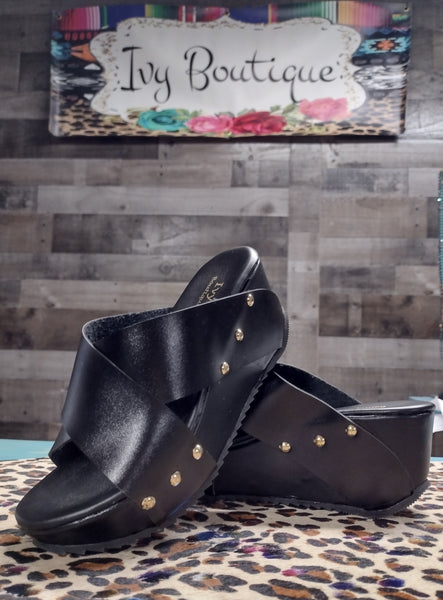 Leather Cross Strap Wedge - Black