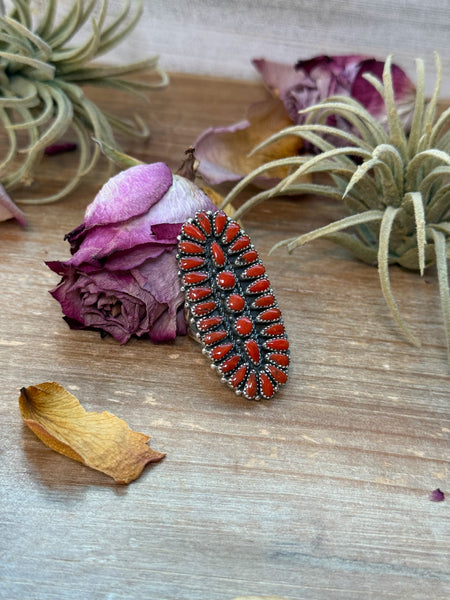 Red Coral Cluster Sterling Silver Ring – Size 9