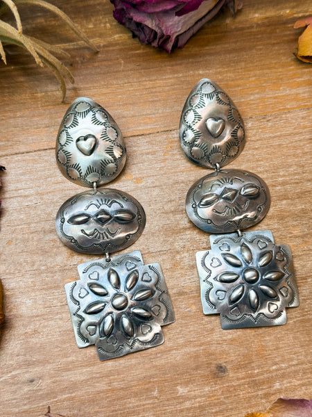 Sterling Silver Concho Dangle Earrings – Native Made by Rita Lee (Navajo Artist)