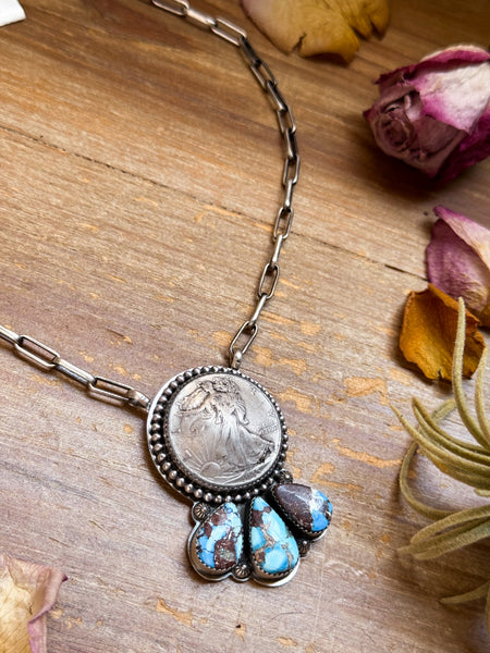 Sterling Silver Liberty Coin Necklace with Golden Hill Turquoise – 16” – 1945 Coin