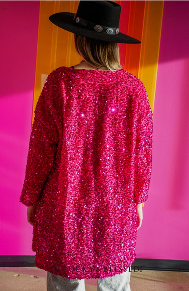 Hot Pink Sequins 3/4 Sleeve Lined Cardigan