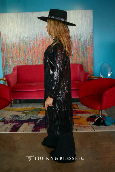 Black Sequin Cardigan With Sequin Fringe Hem