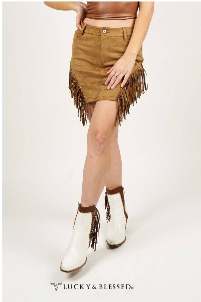 Camel Suede Skirt W/Rhinestone Fringe