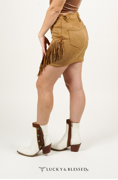 Camel Suede Skirt W/Rhinestone Fringe