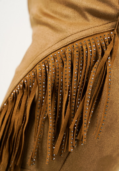 Camel Suede Skirt W/Rhinestone Fringe