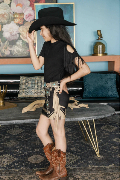 Girl's Black & Gold Aztec Print Side Fringe Skirt