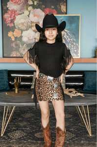 Girl's Brown Leopard Side Fringe Skirt