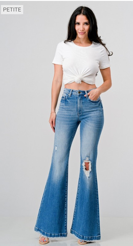 Distressed High Rise 70's Inspired Flares - PETITE