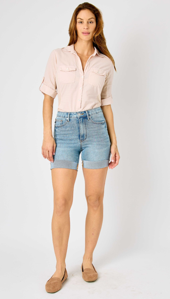 High Waist Tummy Control Cool Denim Shorts - MD