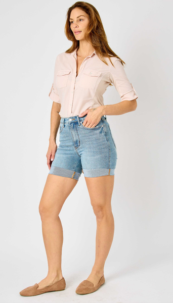 High Waist Tummy Control Cool Denim Shorts - MD PLUS SIZE