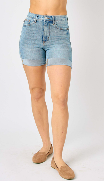 High Waist Tummy Control Cool Denim Shorts - MD PLUS SIZE