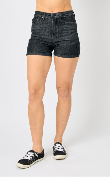 High Waist Tummy Control Black Washed Shorts - Plus Size