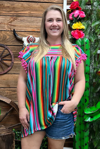 Serape Tunic W/ Pom Pom Trim