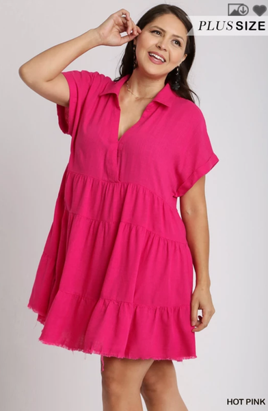 Hot Pink Folded Sleeve Linen Tiered Ruffle Dress - Regular