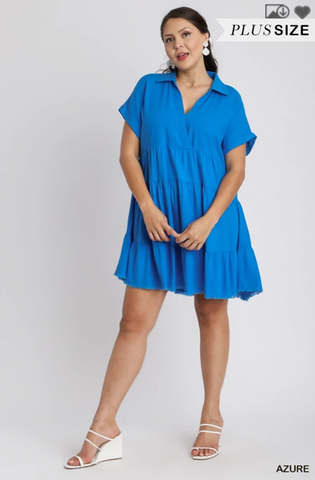 Plus Size - Azure Folded Sleeve Linen Tiered Ruffle Dress