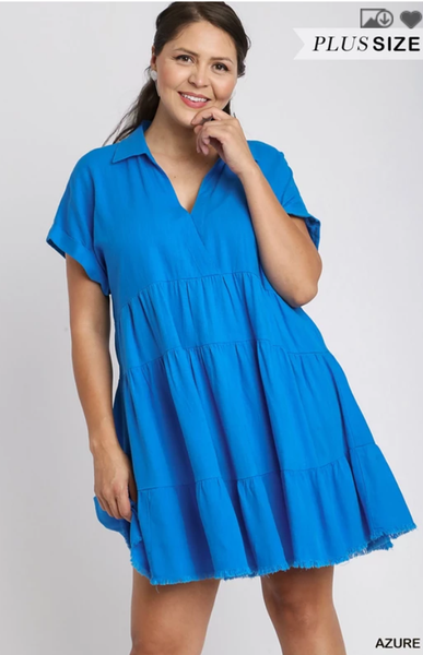 Plus Size - Azure Folded Sleeve Linen Tiered Ruffle Dress