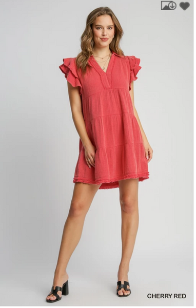 Mineral Wash Collared Mini Dress - Cherry Red