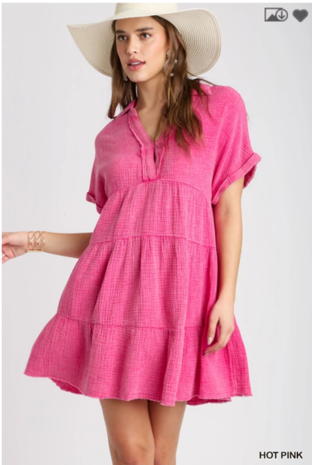 Mineral Wash Tiered Babydoll Dress - Hot Pink